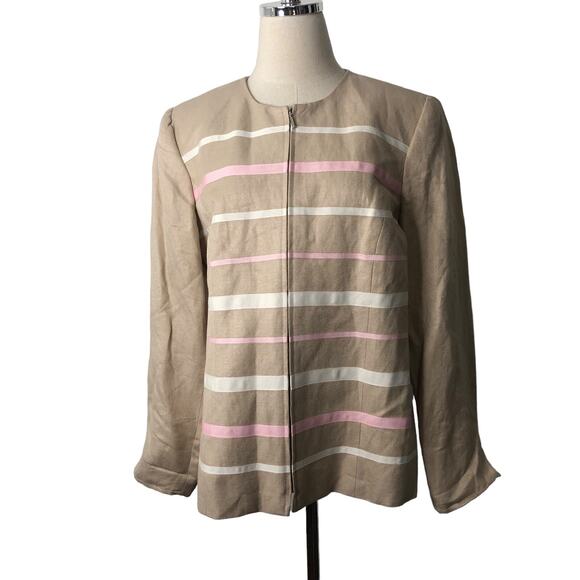 Mary McFadden Vintage Jacket Beige Pink Linen Blend Zip Front Size 10 - Picture 1 of 12